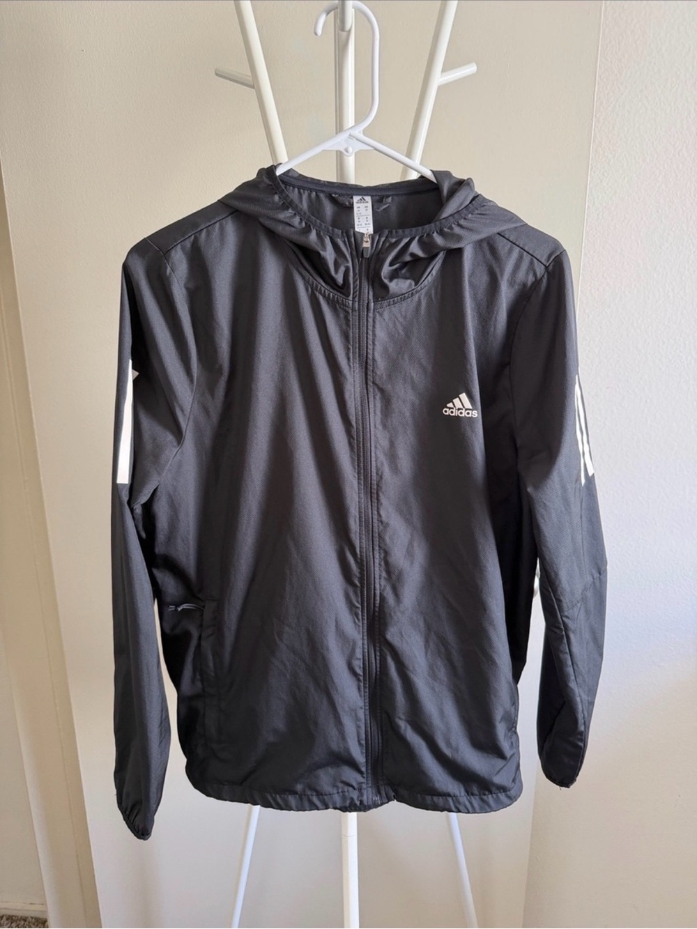 adidas Men's Black Hooded Lightweight Windbreaker with White Accents